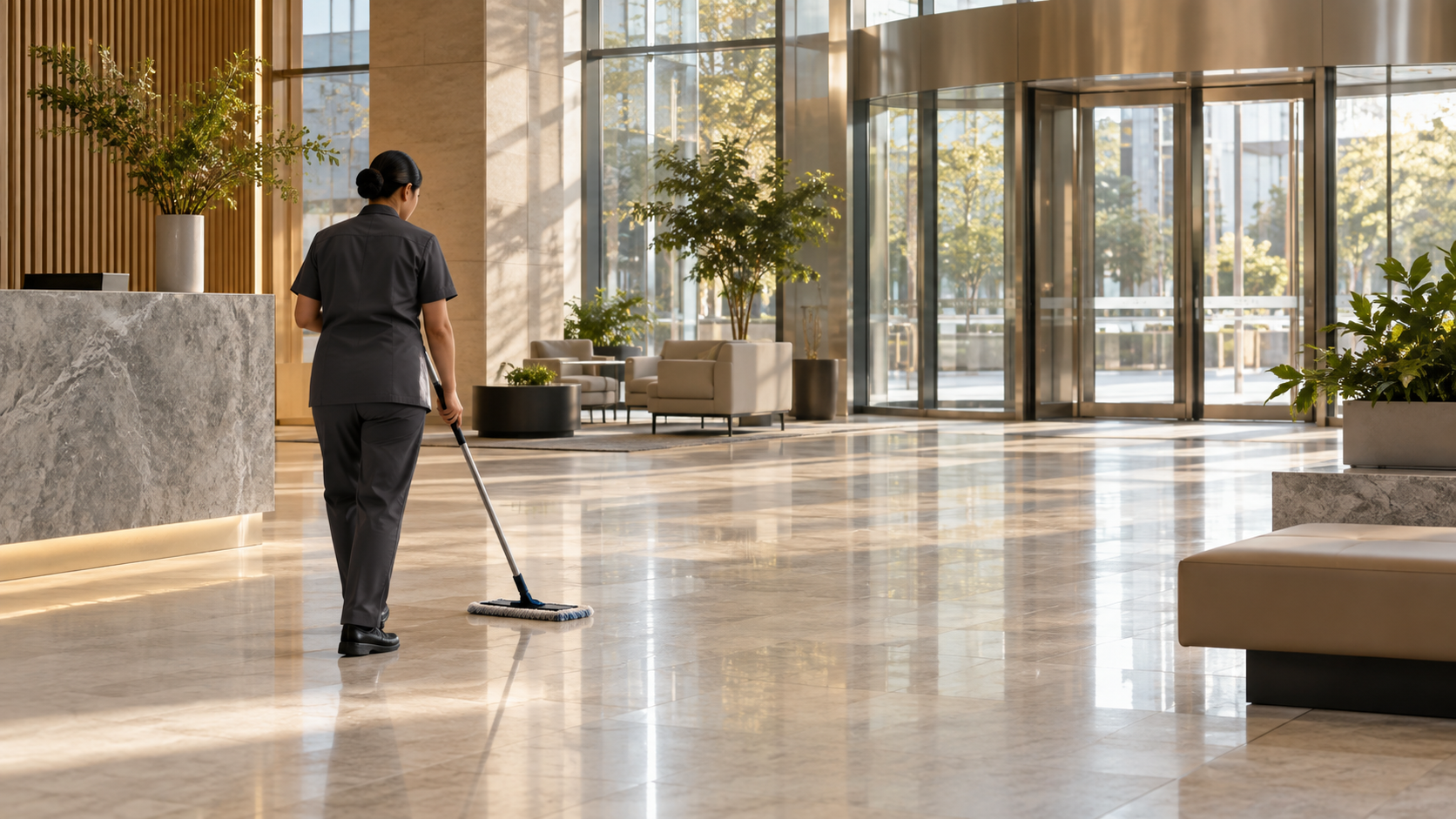A worker cleaning a commercial lobby