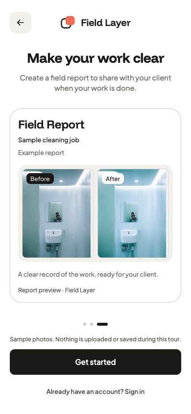 FieldLayer onboarding screen with a sample before-and-after field report