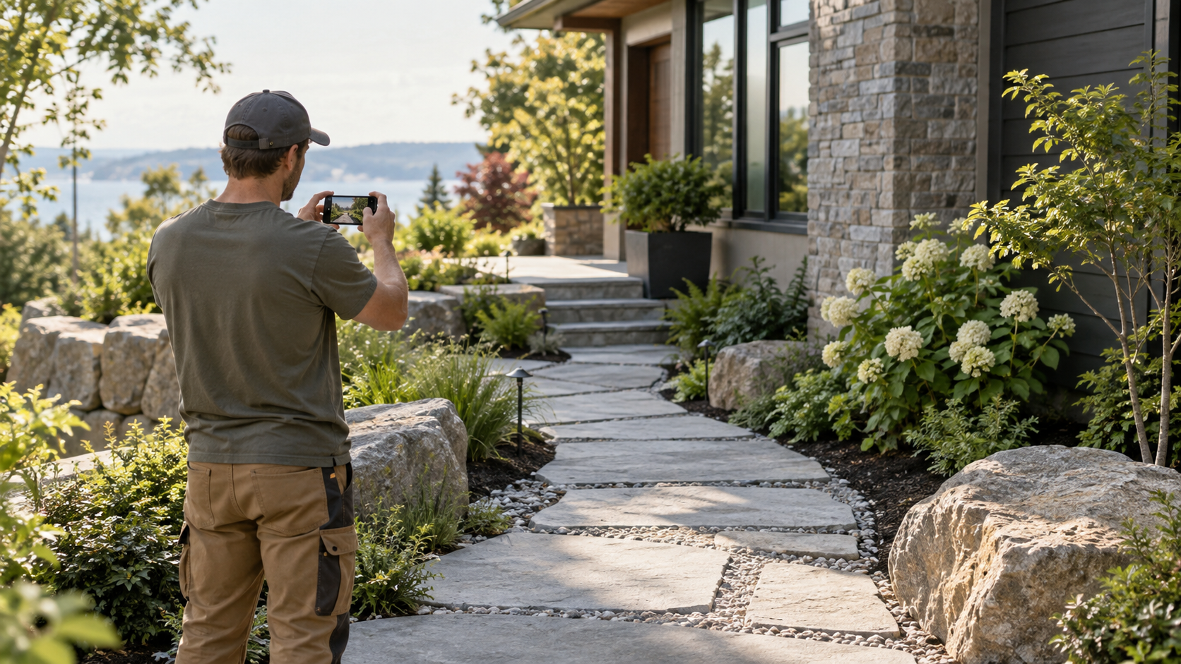 A landscaping contractor holding a phone outside a contemporary house